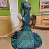 Long Sleeve High Neck Prom Gown Emerald Green Lace Mermaid Evening Dress 2020 Formal Gowns 2020 Beaded vestido sirena largo2266