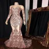 Glamorous Rose Gold Pailletten Meerjungfrau Prom Kleider 2020 Sheer Neck Long Sleeves Promi Abendkleider robes de soiree Robes2702