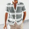 Men's Sweaters Men Top Hollow Out Design Short Sleeve Lapel Summer Outdoor Cardigan Stripe Knitting Shirt Streetwear Clothes