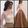 2020 Stylish Saudi Arabia High Neck Long Sleeves Evening Dresses White Top Lace With Gold Skirt Ball Gown Prom Gowns Special Occas288D