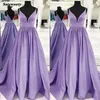 Lila ärmlös satin djup v hals prom klänning vestido de festa longo elegant enkla kvällsklänningar long200d