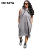 Basic Casual Dresses CM.YAYA Women Dress for Streetwear Slit Sleeveless Hooded Loose Sweatshirt Style Active Grey Dresses 230720