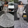 Luxury Silver Sequined Long Sleeve Mermaid Prom Dress for Black Girls Plus Size Court Train African Evening Dresses 2020231i