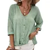 Kvinnor Bluses Women Spring Shirt V Neck-knappar Single-Breasted Top Solid Color Long Sleeve Female Blus Vintage Loose Mid Length T-shirt