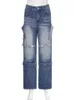 Kvinnors jeans weiyao tvättade chic fickor design last kvinna gata tekniker låg stigning denim raka vinterbyxor botten koreanskt mode