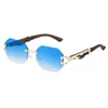 Sunglasses 2023 Wooden Men Square Rimless Women Wood Grain Vintage Fashion Glasses Luxury Gafas De Sol Sunglsses