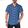 Mäns avslappnade skjortor blå seigaiha tryck casual skjortor japanska vågor strandskjorta hawaiian gata stil blusar män tryck 3xl 4xl l230721