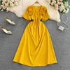 Casual Dresses Summer Vintage A-Line Midi Dress for Women Square Collar Kort ärm Tunika Hög midja Flouned Edge Ruffle Lace 112666