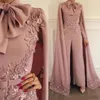 Eleganta rosa jumpsuits aftonklänningar med wrap långa ärmar applicerade plus storlek prom klänning pärlstav utform formella festklänningar cust266o
