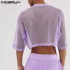 Men s Tracksuits INCERUN Men Mesh Sets See Through Solid Color Short Sleeve Crop Tops Shorts 2023 Streetwear Breathable Party Casual Suits 230720
