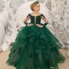 Gorgeous Green Flower Girl Dresses Scoop Neck Appliqued Beaded Long Sleeves Girl Pageant Gowns Ruffle Tiered Sweep Train Birthday 291G