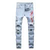 Men's Jeans Biker Denim Men Casual Washed Cotton Flower Fold Regular Fit Ripped Hole Elasticity Pants Large Size