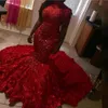 Sparkly Red Prom Dresses collo alto maniche lunghe 3D Rose Flowers Sweep Train Mermaid Abiti da sera Custom Size Celebrity Party Dres244B