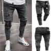 Jeans Desiner Masculino Cinza Neve Faísca Drapeado Lavado Calça Longa Lápis Moda Elástica com Aberturas nos Joelhos Zíper Jeans 223S