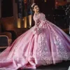 Princess Pink Quinceanera Dresses Off Shoulder 3D floral lace-up corset top 15 Party Sparkly Birthday Gowns Sweet 16 Debutante304h