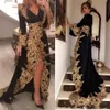 Kaftan Dubai w stylu muzułmańskie sukienki wieczorowe długie rękawy Czarne Velor Gold Appliques Ladies Formalne suknie balowe Abiye gece elbizsi313k