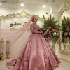 Пыль розовый исламский мусульманский арабский свадебное платье с длинными рукавами высокое платье с шариком Дубай Кафтана арабские свадебные платья Атлас 2019249K