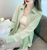 Dames Blouses 2023 Lente Zomer Mintgroen Shirts Shorts Suits Office Lady Mode Lange mouw Losse Tops Crêpe Y2k 2 STUKS Set Outfits