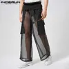 Men's Pants Men's Mesh Patch Work Transparent Elastic Waist Pocket Wide Leg Trousers 2023 Street Clothing Sexy Fashion Underwear S-5XL Z230721