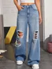 Jeans de mujer Denim Cintura alta Perforado Lavado Moda Split Pantalones de pierna ancha Algodón Suelto Relajado Mamá