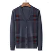 Men's Sweaters Fashion Cardigan Sweater Slim Fit Plaid Knit Button Up With Pockets Middle Aged Casual Knitwear Men Tops Clothing