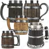 Copos Viking Caneca de Cerveja Grão de Madeira 304 Aço Inoxidável Taberna Medieval Imitação de Madeira Barril Tankard Caneca de Cerveja Copo de Café Presente Masculino 230720