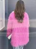 女性の毛皮の若いフェイクウールミッドレングスコートピーチピンクラペルジャケット冬の服