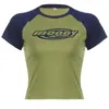 Damen T-Shirts American Retro Girl Kontrastdruck Raglan Kurzarm T-Shirt 2023 Frühling/Sommer Slim Fit und Top Kawaii Kleidung