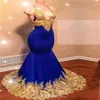 Robes de bal de sirène bleu royal 2022 avec dentelle d'or appliquée nouvelles perles africaines paillettes robes de soirée femmes robe réfléchissante sexy 284K