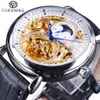 Forsining White Golden Open Work Watches Fashion Blue Hands Men's Automatic Watches Top Brand Luxury Black Genuine Leather3068