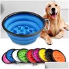 Dog Bowls Feeders Collapsible Slow Feeding Pet Bowl Sile Outdoor Travel Portable Puppy Food Container Feeder Dish Drop Delivery Ho DH7LN