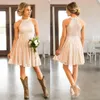 Cheap Short Lace Country cowgirls Bridesmaids Dresses Pearls Halter Neck pink Knee-length Boho Beach Maid of Honor Wedding Guest P290L