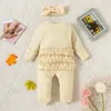 Rompers born Baby Girl Rompers Long Sleeve Waffle Ruffle Jumpsuit with Headband Set Infant Kids Cotton Footie Pajamas Zipper Clothes 230720