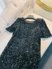 2023 Лето черное сплошное цветовое платье с коротким рукавом круглое шею с блестками колена повседневные платья A3Q122218