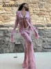 Платье с двумя частями Zuzanny Chefon Print Sets с длинным рукавом и юбкой Сексуальные бодисоны розовый y2k 2 Женские пляжные наряды 230721