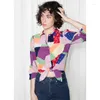 Blusas femininas 2023 verão mulheres coloridas padrão geométrico notada camisa de manga comprida