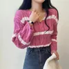 Kvinnors tröjor vintage beskuren tröja Kvinnor Knit Twist V Neck Jumper Casual Fashion Stripe Design Pullovers Lady Loose Long Sleeve Top