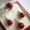 Prett Lovely Women's Wedding charm Juif 656 12mm Red Shell Pearl Pendant Collier Boucles d'oreilles Bague Set267I