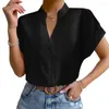 女性のブラウススタンドカラー女性シャツ絹のような滑らかなVネックブラウス正式なビジネス用のエレガントな半袖
