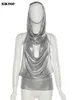 Women S Tirt Xiktop Shiny Top 2 قطعان مجموعة نساء مثير لخزان خانق خانق مع Hood الأنيقة Clubwear Y2K Trend 230721