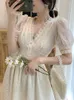 Sukienki swobodne 2023 Summer eleganckie koronkowe bajki formalne kobiety nawet impreza midi ubiór biura lady koreańska lolita księżniczka