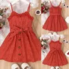 Robes fille enfants robe d'été 4T 5T 6T 7T Little Sumdress sans manches col en V points imprimé bouton devant ceinturé 4 à