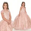 Little Rose Gold Sequined Lace Girls Pageant Robes Cristal Perlé Rose Enfants Robes De Bal Robes De Fête D'anniversaire Pour Les Petites Filles W3164