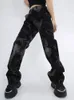 Jeans pour femmes noir cravate teint taille haute femmes Vintage mode coréenne Streetwear jambe large Jean femme Denim pantalon droit Baggy pantalon 230720
