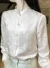 Damenblusen Vintage chinesischer Stil Seide Frauenhemden Sommer 2023 Weißer Stehkragen Langärmelige dünne weibliche Outwear Mäntel Tops