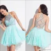 Mint Green Halter Rhinestone HomeComing Dresses 2016 Illusion Mini Party Virts Dresses Cocktail Dress Traduat Graduat2802