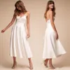 2022 Białe paski spaghetti koronkowe krótkie sukienki ślubne satynowe liniowe herbatę bez pleców ślubne suknie ślubne ślubne wiejskie ślub 293i