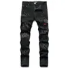 Mens jeans verontruste motorfietsfietser Jean Snake Embroidery Rock Skinny Slim gescheurde gat streep modieus borduurwerk denim broek ov3k