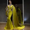 2022 Arabic Lemon Green Crystals Formal Evening Dresses Mermaid Style Dubai Indian High Neck One Sleeve Cape Beads Long Trumpet Pr2947