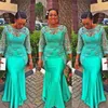 Charmoso Aso Ebi Verde Mangas Longas Vestidos De Noite Transparente Decote Renda Apliques Miçangas Sereia Vestidos de Baile Africano Plus Size Party Dre211O